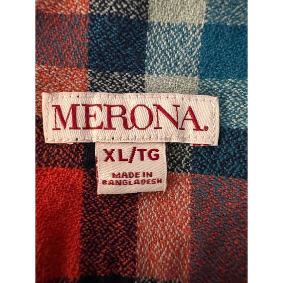 Merona men’s XL red blue plaid button-down flannel long sleev - Picture 10 of 14